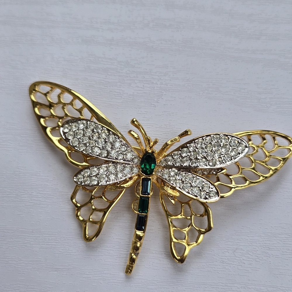 Gold with Elmerald Crystal Dragonfly Brooch